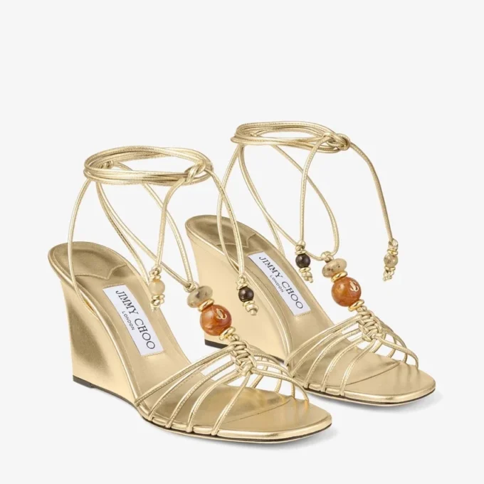 Lova Wedge 85 Gold Metallic Nappa Leather Wedges with Beads