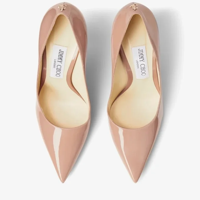 Love 100 Ballet-Pink Patent-Leather Pointed Pumps with Jc Emblem