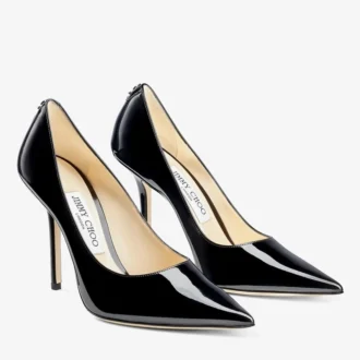Love 100 Black Patent Leather Pointed-Toe Pumps with Jc Emblem