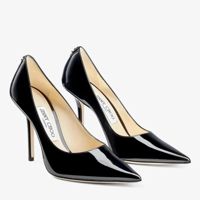 Love 100 Black Patent Leather Pointed-Toe Pumps with Jc Emblem