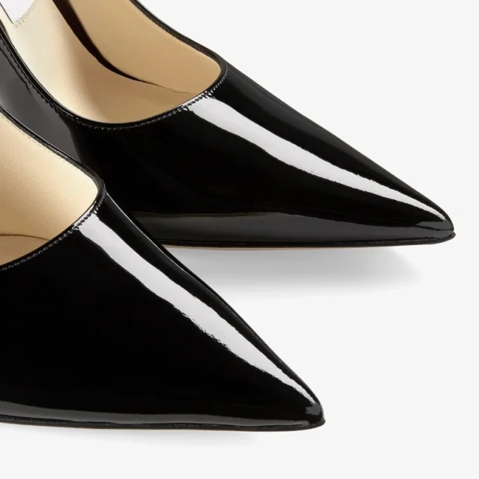 Love 100 Black Patent Leather Pointed-Toe Pumps with Jc Emblem