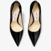Love 100 Black Patent Leather Pointed-Toe Pumps with Jc Emblem