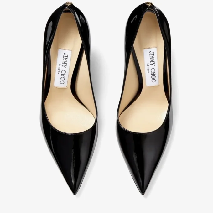 Love 100 Black Patent Leather Pointed-Toe Pumps with Jc Emblem