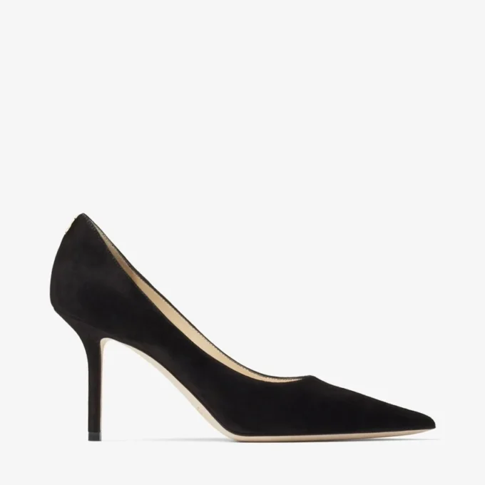 Love 85 Black Suede Pointed Pumps with Jc Emblem