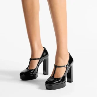 Marene Mary Jane 120 Black Polished Calf Leather Pumps with Crystal Buckle