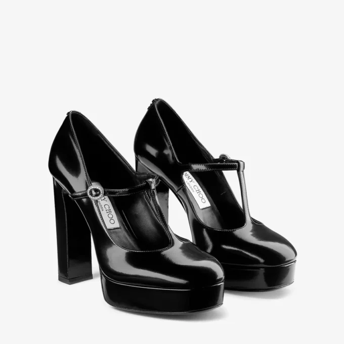 Marene Mary Jane 120 Black Polished Calf Leather Pumps with Crystal Buckle