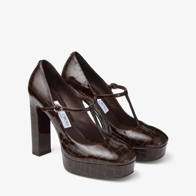 Marene  Mary Jane 120 Sambuco Shiny Croc Embossed Leather Pumps