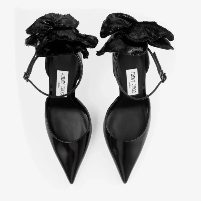 Marja 100 Black Soft Spazzolato Pumps with Short Tinsel Corsage