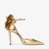 Marja 100 Gold Liquid Metal Leather Sandals with Metal Leather Lace Corsage