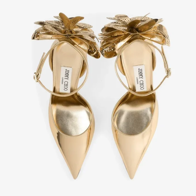 Marja 100 Gold Liquid Metal Leather Sandals with Metal Leather Lace Corsage