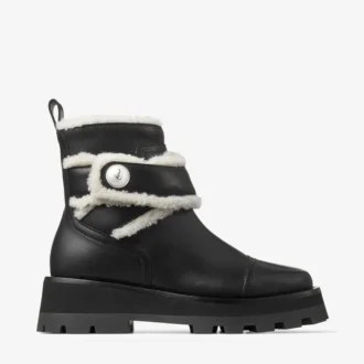 Meena Flat Black Shiny Calf Leather Ankle Boots with Shearling