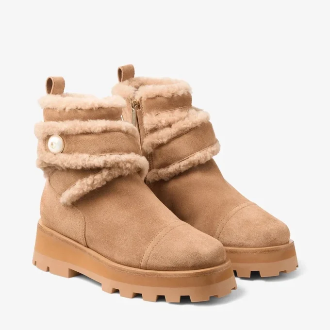 Meena Flat Toffee Velvet Suede Ankle Boots with Shearling