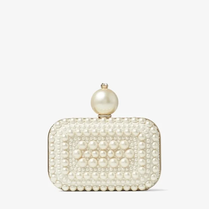Micro Cloud White Suede Clutch Bag with All-Over Pearl Embellishment