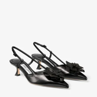 Mimmi Sling Back 50 Black Shiny Nappa Leather Slingbacks with Nappa Lace Corsage