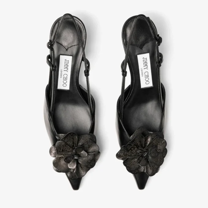 Mimmi Sling Back 50 Black Shiny Nappa Leather Slingbacks with Nappa Lace Corsage