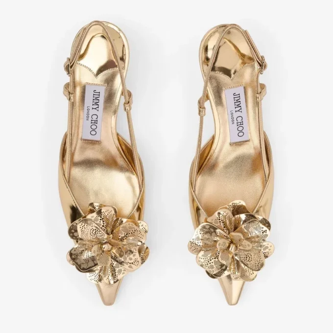 Mimmi  Sling Back 50 Gold Liquid Metal Leather Slingbacks with Jimmy Choo Perforated Corsage