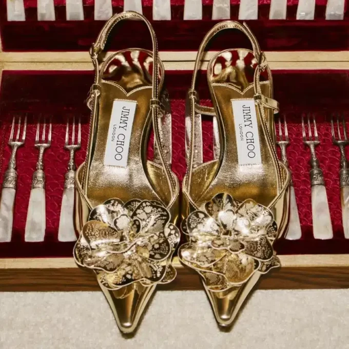 Mimmi  Sling Back 50 Gold Liquid Metal Leather Slingbacks with Jimmy Choo Perforated Corsage