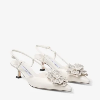 Mimmi Sling Back 50 Latte Shiny Nappa Leather Slingbacks with Lace Corsage