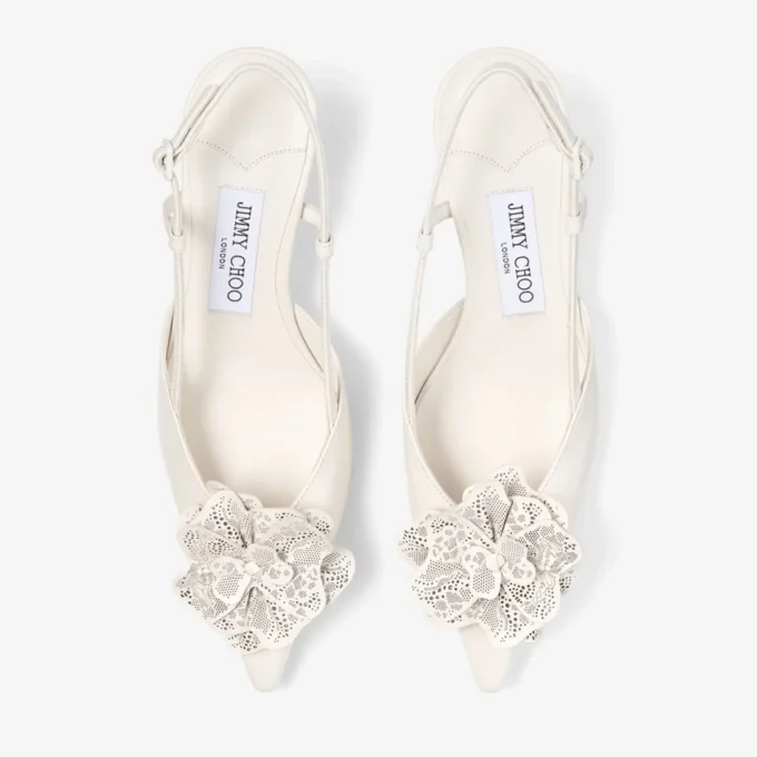 Mimmi Sling Back 50 Latte Shiny Nappa Leather Slingbacks with Lace Corsage
