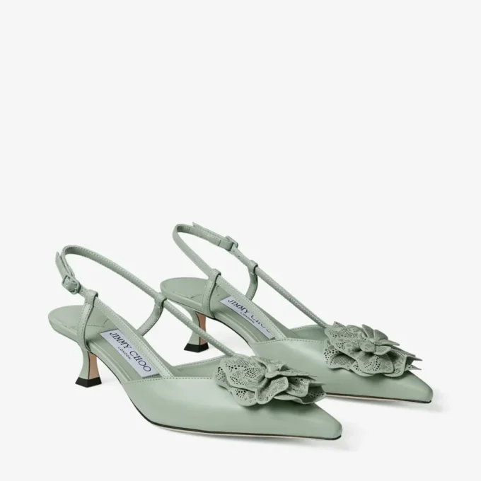 Mimmi Sling Back 50 Verde Shiny Nappa Leather Slingbacks with Jimmy Choo Perforated Nappa Lace Corsage