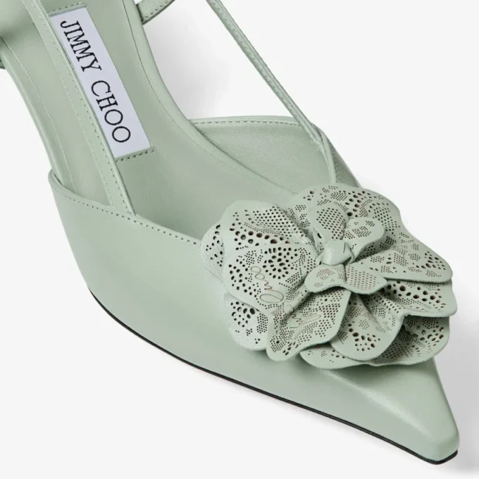 Mimmi Sling Back 50 Verde Shiny Nappa Leather Slingbacks with Jimmy Choo Perforated Nappa Lace Corsage