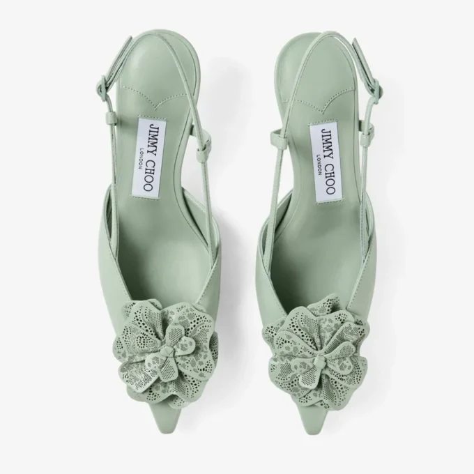 Mimmi Sling Back 50 Verde Shiny Nappa Leather Slingbacks with Jimmy Choo Perforated Nappa Lace Corsage