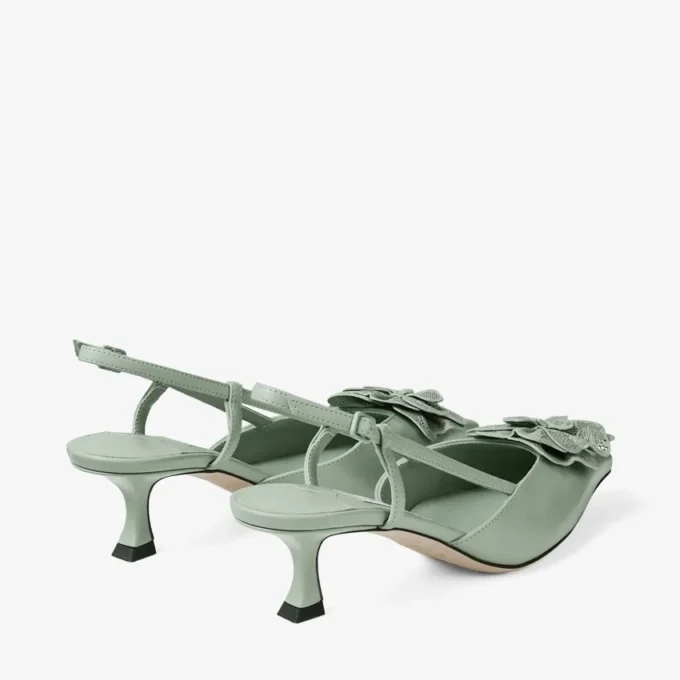 Mimmi Sling Back 50 Verde Shiny Nappa Leather Slingbacks with Jimmy Choo Perforated Nappa Lace Corsage