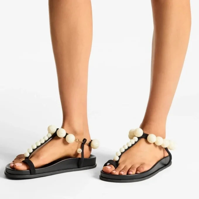 Miro Flat Black Suede Sandals with Mother of Pearl Spheres