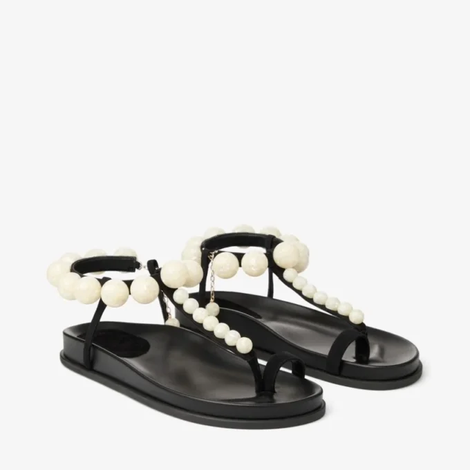 Miro Flat Black Suede Sandals with Mother of Pearl Spheres