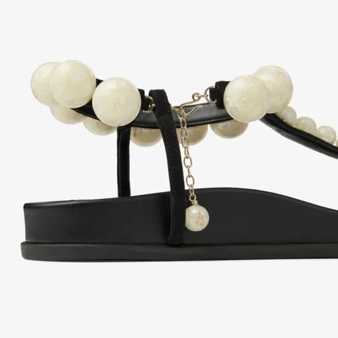 Miro Flat Black Suede Sandals with Mother of Pearl Spheres