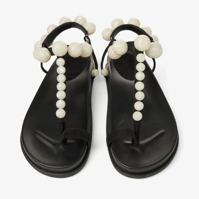 Miro Flat Black Suede Sandals with Mother of Pearl Spheres