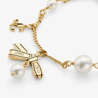 Multi Charm Ribbon  Bracelet Gold Metal Charm Bracelet with Ribbons & Pearls