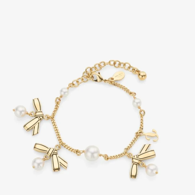 Multi Charm Ribbon  Bracelet Gold Metal Charm Bracelet with Ribbons & Pearls