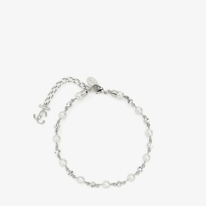 Pearl Crystal Anklet Silver-Finish Metal Anklet with Pearl, Crystal and Jc Monogram Charms