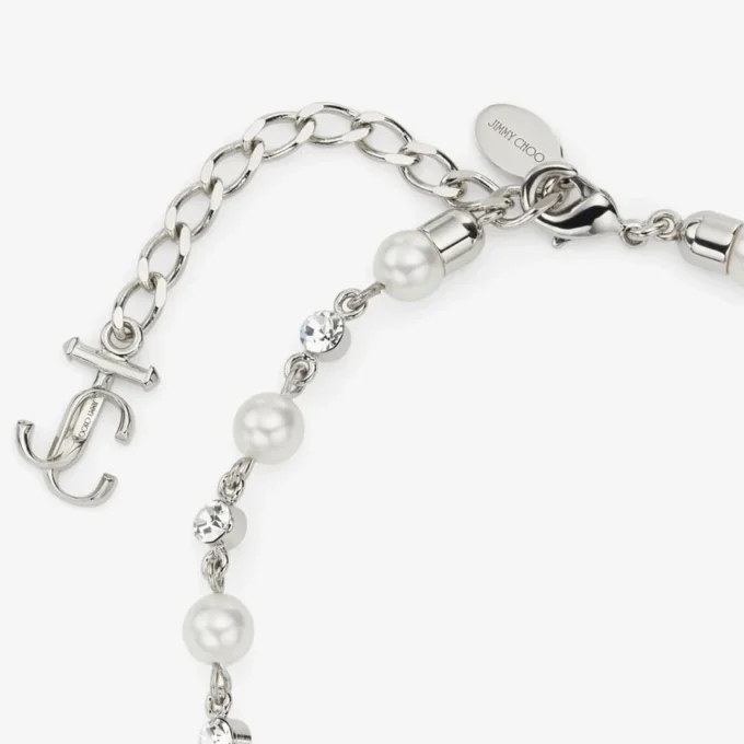 Pearl Crystal Anklet Silver-Finish Metal Anklet with Pearl, Crystal and Jc Monogram Charms