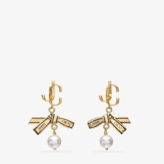 Ribbon Pearl Earring Gold Metal Ribbon Pearl Earring