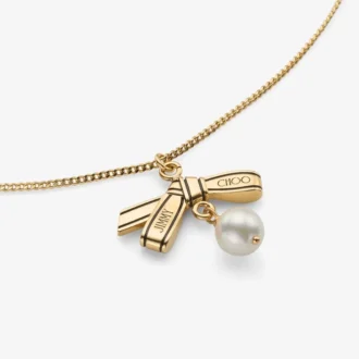 Ribbon Pendant Necklace Gold Metal Pendant Necklace with Ribbon and Pearl