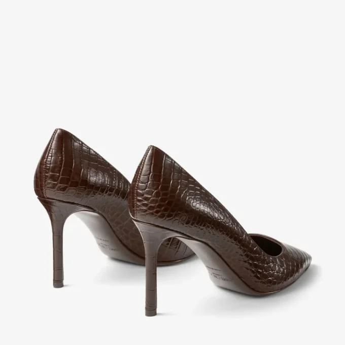 Romy 85 Chocolate Croc Embossed Leather Pumps