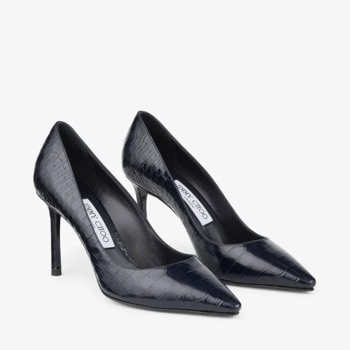 Romy 85 Marine Croc Embossed Leather Pumps