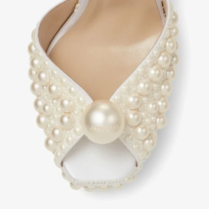 Sacaria Platform 120 White Satin Platform Sandals with All-Over Pearl Embellishment