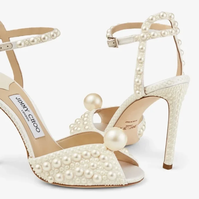 Sacora 100 White Satin Sandals with All over Pearls