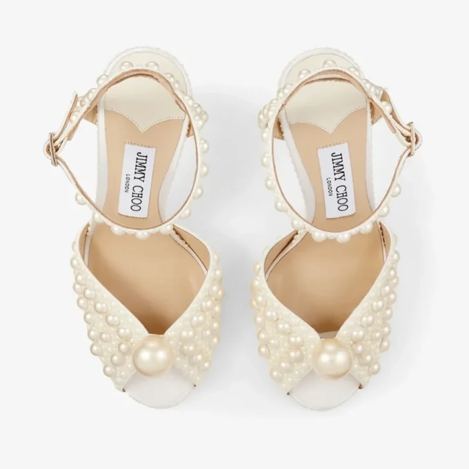 Sacora 100 White Satin Sandals with All over Pearls