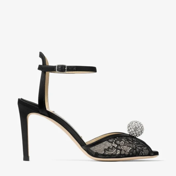 Sacora 85 Black Lace Sandals with Crystal-Embellished Sphere
