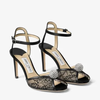 Sacora 85 Black Lace Sandals with Crystal-Embellished Sphere