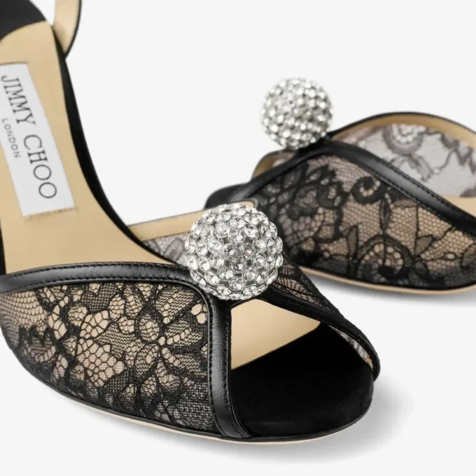 Sacora 85 Black Lace Sandals with Crystal-Embellished Sphere