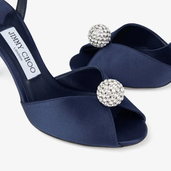 Sacora 85 Marine Satin Sandals with Crystal-Embellished Sphere