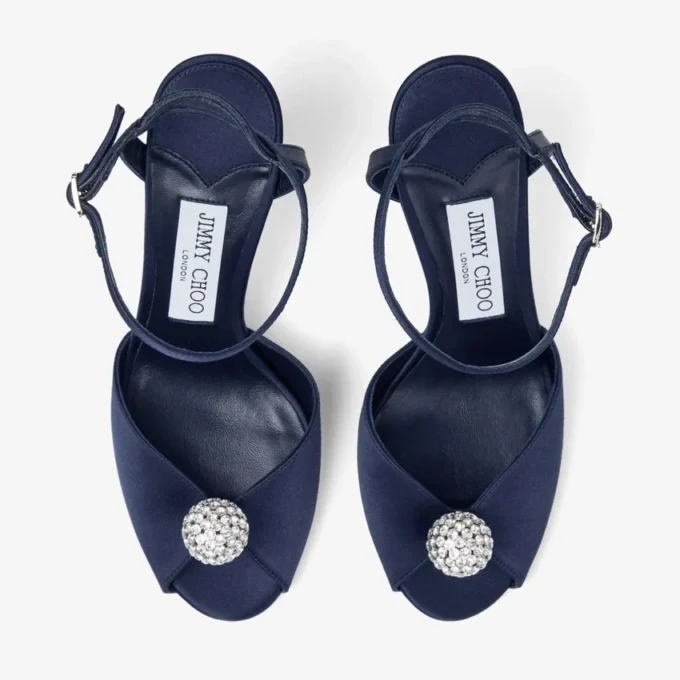 Sacora 85 Marine Satin Sandals with Crystal-Embellished Sphere