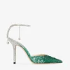 Saeda 100 Emerald Satin Pumps with Crystals