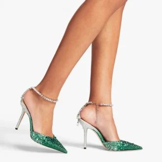 Saeda 100 Emerald Satin Pumps with Crystals