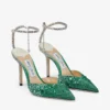 Saeda 100 Emerald Satin Pumps with Crystals